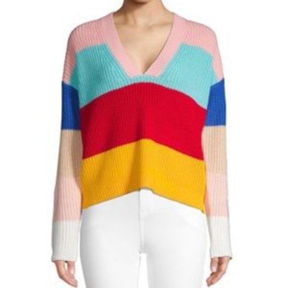 Fate Sweaters - Fate Colorblock Rainbow Multicolor Stripe Knit V-Neck Sweater Womens Large